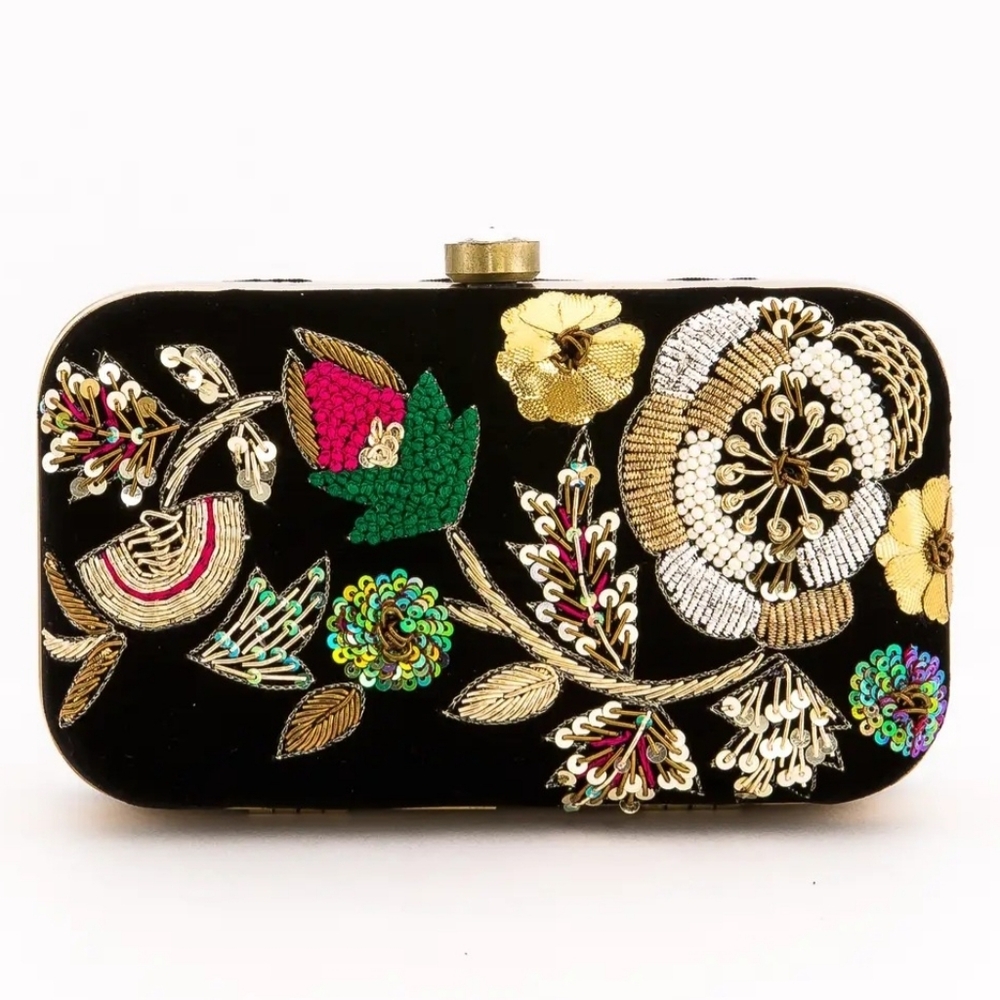 Spring/Summer/Wedding Embroidered Floral Black Clutch